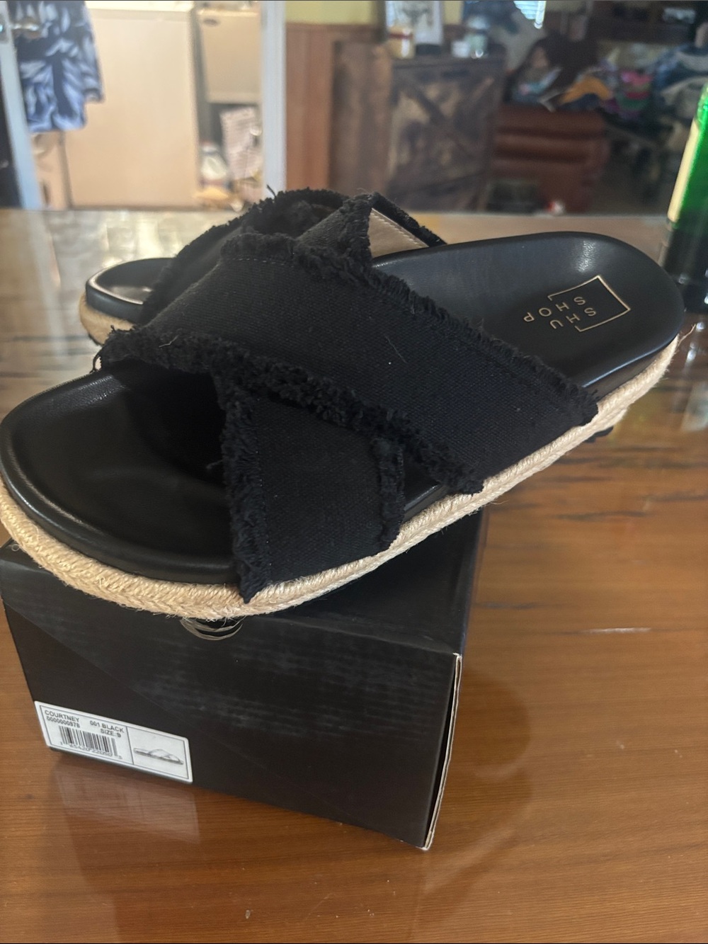 Shu Shop Black Frayed Crossband Espadrille Slide - Women